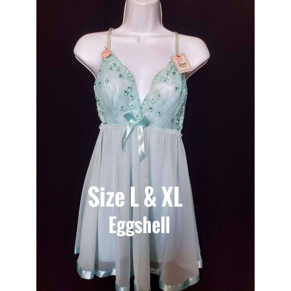 NWT Spree Aqua Teal Babydoll Lingerie w/ Embroidered Top & Bow, Size XL